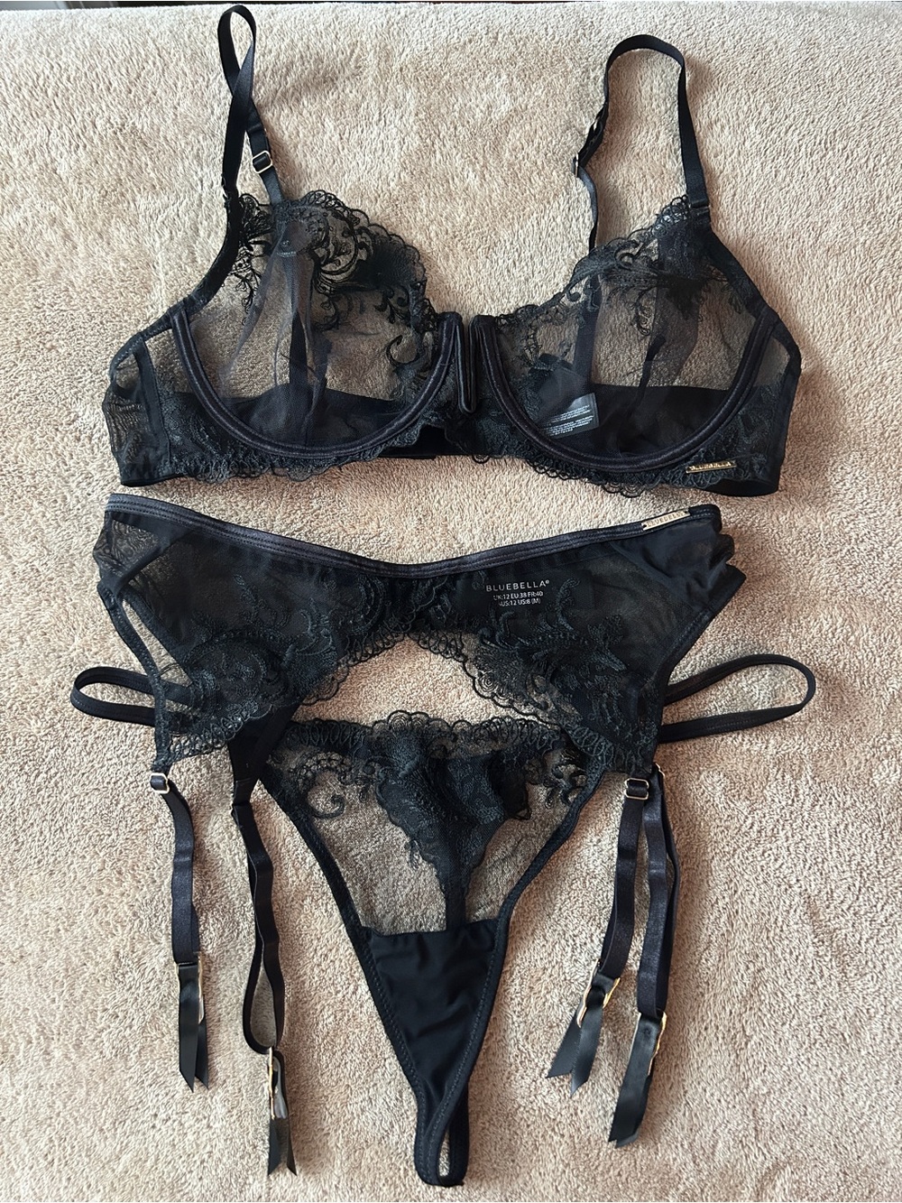 Bluebella Black Sheer Lace Bra, Garter Belt & Thong Set